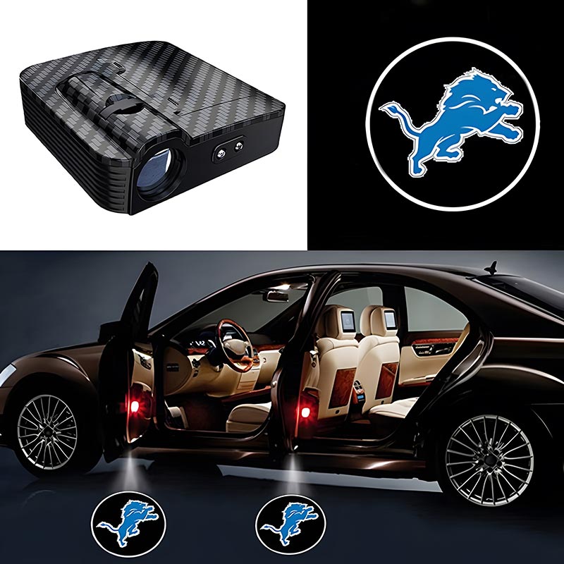 Detroit Lions car door lights NFL logo projecting onto ground from open car door