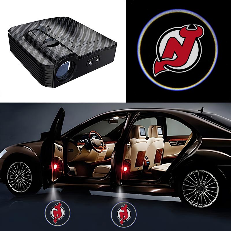 New Jersey Devils Car Door Lights Project on the ground at night