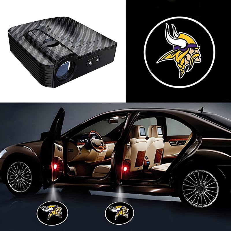 High-definition Minnesota Vikings Norseman logo projected in vibrant purple and gold onto the pavement from an open vehicle door.